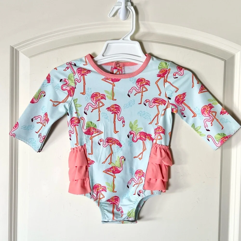 Mud Pie Baby Girls Flamingo One-Piece Rash Guard Swimsuit with Ruffle Butt